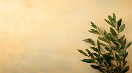 Poster - Elegant Green Leaves on Soft Yellow Background for Minimalist Design