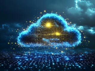 Wall Mural - cloud computing with blue golden data and futuristic code in motion