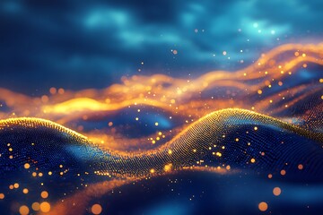 Wall Mural - cloud technology glowing in blue and golden with flowing digital data