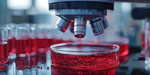 Poster - Deep red liquid Lactobacillus Bacteria Under Microscope View in Laboratory Setting Background, Laboratory equipment, microscope, red liquid samples, glass test tubes, scientific research, 8k  