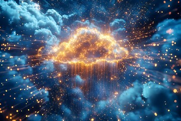 Wall Mural - digital flow data with cloud hologram and blue golden light pulses