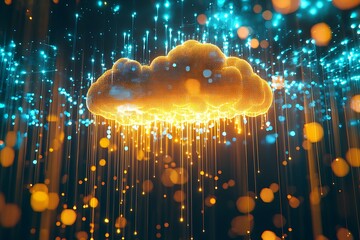 Wall Mural - digital flow data with cloud hologram and blue golden light pulses