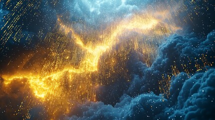 Wall Mural - digital futuristic cloud with code and blue golden data flow effect