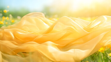 Poster - Soft Golden Fabric Draped Over Green Grass in Bright Sunshine