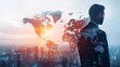 © Abdul - Futuristic double exposure image of a businessman and a digital world map symbolizing global networking and corporate connections The abstract cityscape merges with holographic financial data