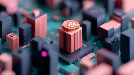 Poster - Abstract Bitcoin Cityscape:  Copper and Teal Geometric Structures on a Circuit Board
