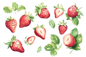 Wall Mural - Strawberry flying with green leaves isolated on white background.