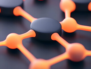 Aufkleber - Abstract Glowing Network: Orange and Black 3D Nodes Connected on Dark Background