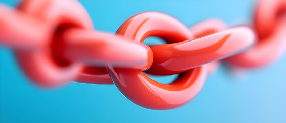 Poster - Abstract Interconnected Red Chain Links on Blue Background