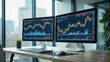 © vulcan - Modern workspace featuring dual monitors displaying stock market trends, sleek design, bright natural light, ideal for productivity.