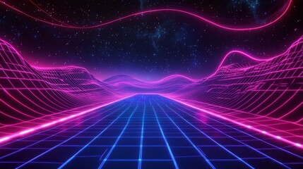 Poster - Exploring a virtual cyberspace neon grid landscape holo gigapixel experience digital realm immersive adventure