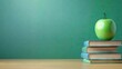 © youthe - Green apple on books, classroom background, education concept, website banner