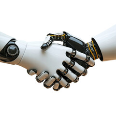 Poster - Robot hand engages in handshake with another robotic hand against plain background, close up a robot hand shaking another hand, Transparent background