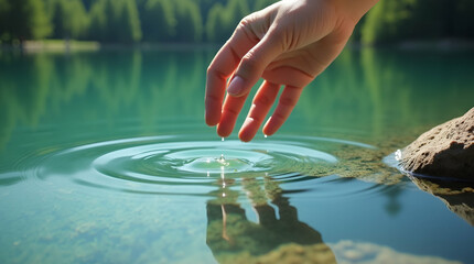Poster - Gentle Touch, Hand Caressing Pristine Lake Surface with Graceful Ripples