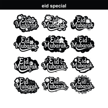 Happy Eid. Calligraphy set. Vector logo, emblems, text design. Usable for banners, greeting cards, Eid Adha and Fitr Arabic calligraphy - collection, set, package designs Eid Mubarak - Calligraphy tex