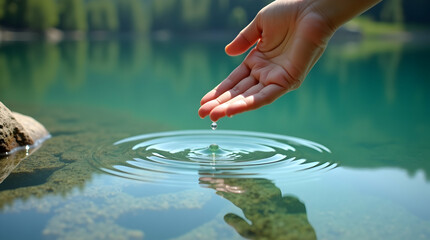 Poster - Gentle touch, Serene hand caressing water, creating ripples of tranquility and harmony