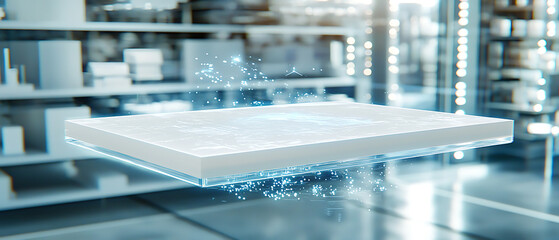 Poster - Floating digital surface innovation modern warehouse 3d render futuristic environment aerial view technology concept