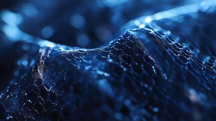 Extreme macro photography of metallic mesh fabric surface, hexagonal patterns catching blue light, curved textile structure, ultra detailed fiber weave, professional material photography style,