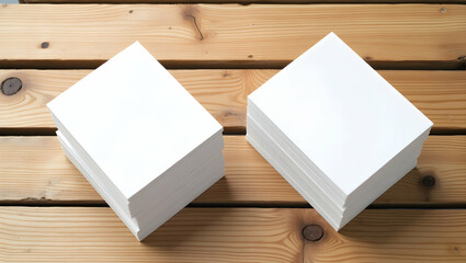 Poster - Top-Down Studio Shot of Two Stacks of Blank Bright White Paper on Wood Surface, Ideal for Office or Creative Projects with Copy Space