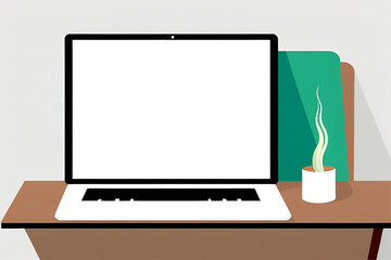 office desk with blank laptop screen and mug