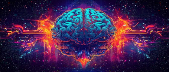 Poster - A vibrant digital illustration of a human brain