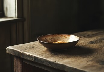 Poster - Rustic Wooden Table with Simple Bowl of Food in Natural Light, Evoking Warmth and Comfort in a Minimalist Setting