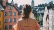 © Graphic Studio - Woman Back View Summer Dress European Cityscape Scenic View Travel Photography Beautiful Architecture Pastel Houses Old Town Vacation Trip Background