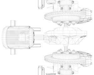 Poster - A drawing of a spaceship with a large engine and a smaller engine. The drawing is in black and white