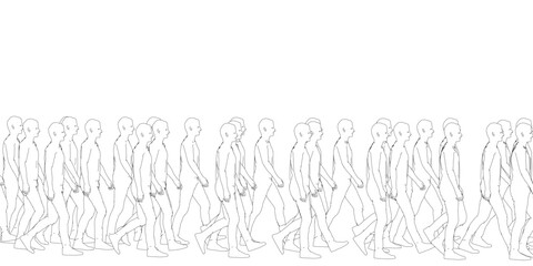 Poster - A group of people are walking in a line. The line is very long and the people are all walking in the same direction. Side view