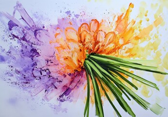 Poster - Vibrant Floral Abstract Painting with Splashes of Orange, Yellow, Purple, and Green Tones Representing Nature's Beauty and Artistic Expression