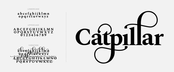 Poster - Catpillar Elegant Font Uppercase Lowercase And Number. Classic Lettering Minimal Fashion Designs. Typography modern serif fonts regular decorative vintage concept. vector illustration