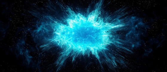 Poster - Cobalt Blue Burst with Teal Neon Tips, a vibrant explosion of color against a grainy black cosmic backdrop, evoking serenity and depth in a striking visual display