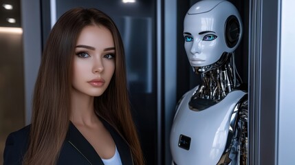 Poster - Woman interacting with a robot demonstrating the impact of ai in marketing strategies and consumer engagement techniques
