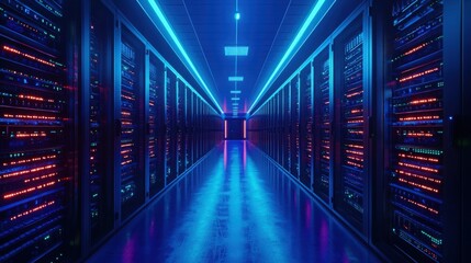 Poster - high-performance server room featuring rows of servers for blockchain technology focused on data sec