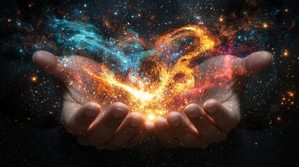 Poster - Two hands grasping a vibrant explosion of colorful light symbolizing the essence of awareness and creativity