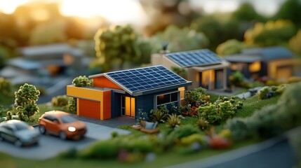 Poster - aerial view of a bustling town with rows of vibrant rooftop solar panels showcasing the widespread a