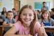© SimpleDesignStudio - Happy Young Girl with Long Brown Hair Giving a Thumbs Up in Classroom Surrounded by Fellow Students, Promoting a Positive Learning Environment