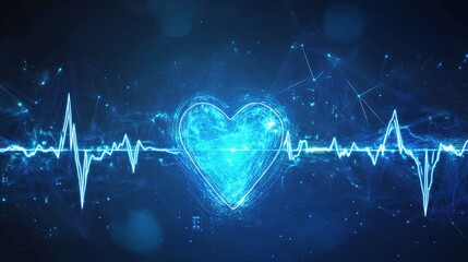 Poster - Blue Abstract Glowing Background with Heartbeat Visualization