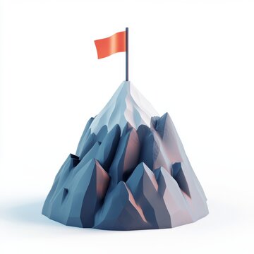 Stylish 3D Rendered Icon of a Mountain Peak with a Flag