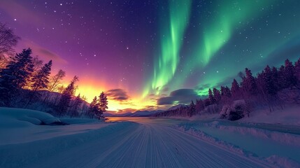 Vibrant aurora borealis display over snowy landscape at sunset.