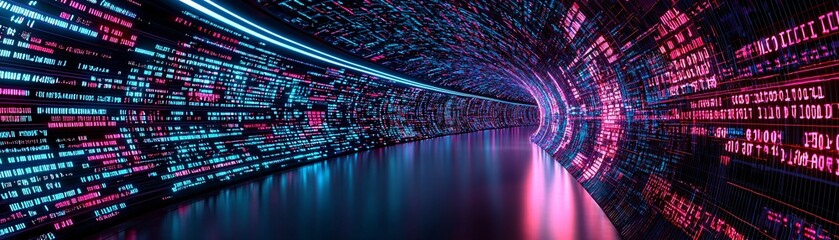Poster - an infinite tunnel of glowing code and shifting light patterns, hypnotic digital dreamscape, futuris
