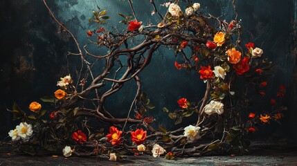 Aufkleber - A visually striking still life with twisted branches and scattered flowers in deep shadows.