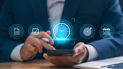 Poster - Time Management and Business Productivity Concept with Clock, Calendar, Goal Setting, Checklist, and Task Planning for Efficient Work, Meeting Deadlines, and Achieving Professional Business Goals.