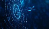 Digital target, arrow hitting bullseye, technology background, success visualization