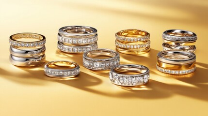 Poster - A collection of stacked silver rings, artistically arranged on a gradient gold-toned background.