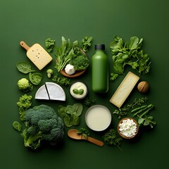 Poster - Harmonious tableau showcasing a tantalizing juxtaposition of gourmet dairy delights  such as soft brie  tangy feta  and silky custard  alongside an array of hearty  deep green leafy vegetables