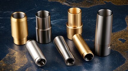 Poster - A deep-focus shot of high-precision metal engraving tools placed on a navy and gold background.