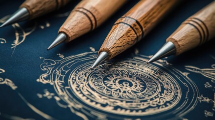 Poster - A deep-focus shot of high-precision metal engraving tools placed on a navy and gold background.