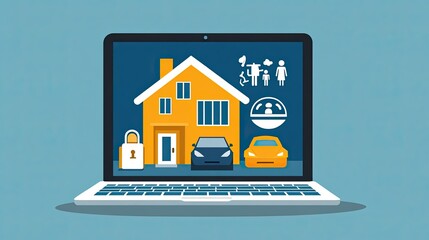 Poster - A laptop screen displaying house, car, and family insurance icons, symbolizing online protection and financial security