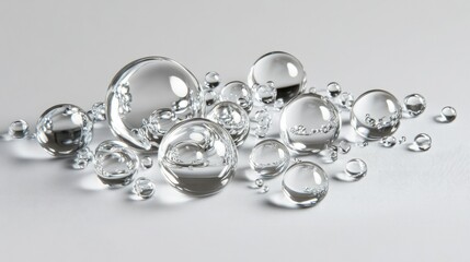 Poster - A macro image of water droplets in various sizes scattered on a smooth glass surface, reflecting light and texture